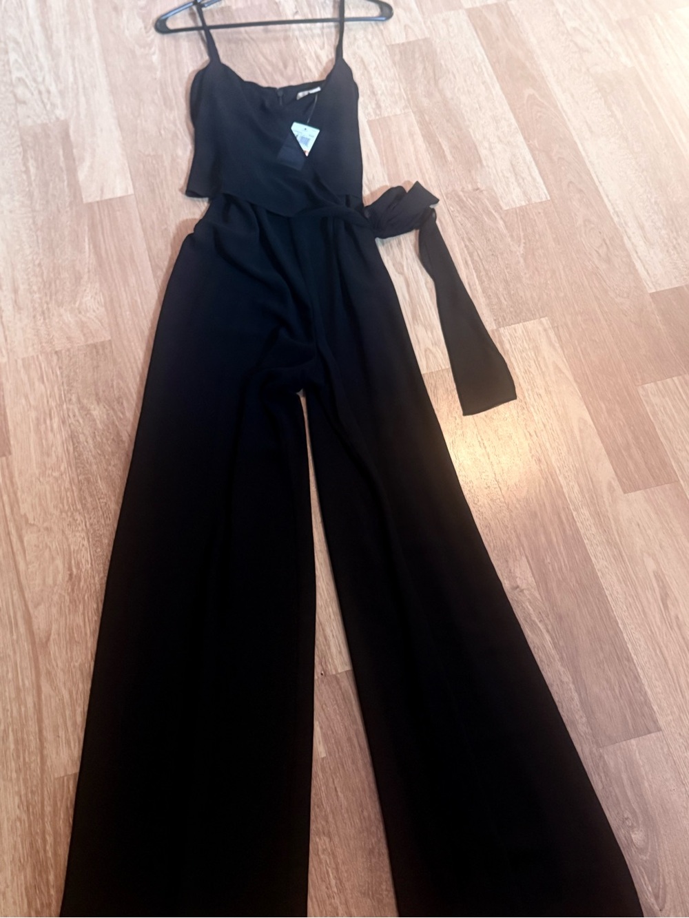 Michael Kors Black Wide-Leg Spaghetti Strap Jumpsuit with Waist Tie